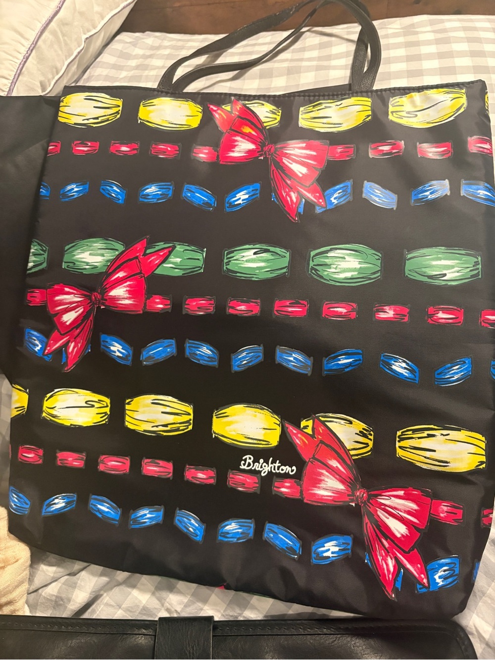 Brighton Satin Bow Tote Bag Colorful Jewel Ribbon Print Large Black Tote